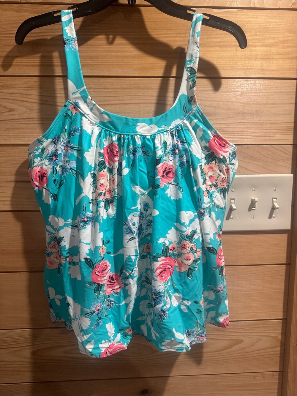 Coco Reef Turquoise Floral Scoop Neck Cami with Pink Roses